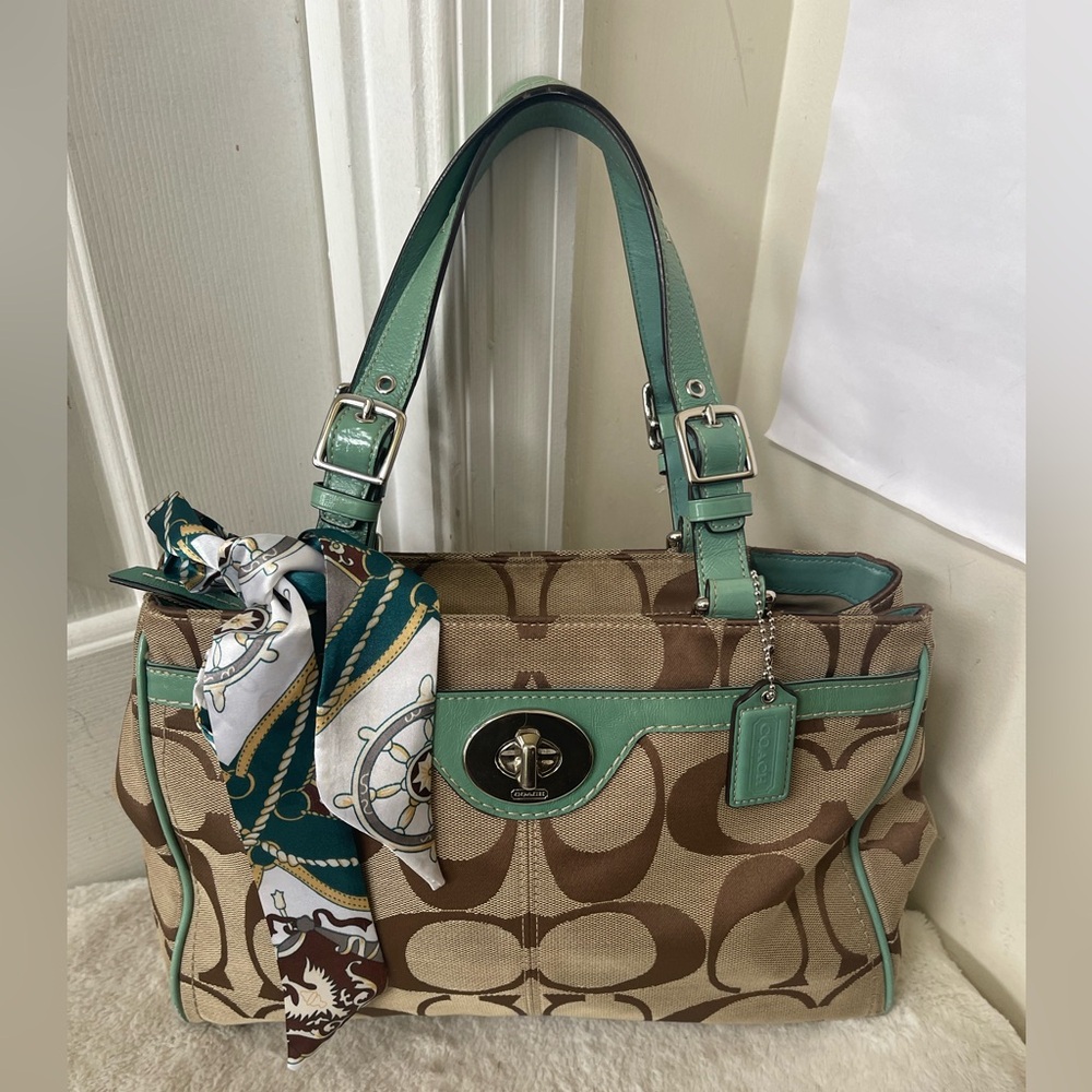 Coach Brown and Green Signature Tote Bag - Picture 11 of 13